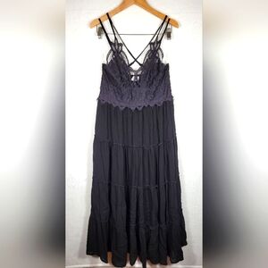 Entro EUC Boho Lace Crochet Top Teired Maxi Dress Size Large Black Whimsigoth